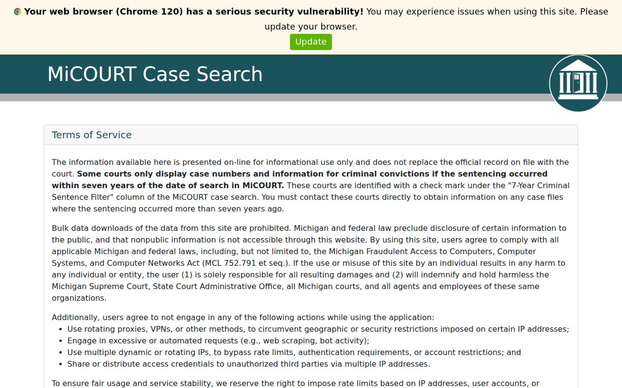 Gaines Township residents directory MiCOURT case search screen